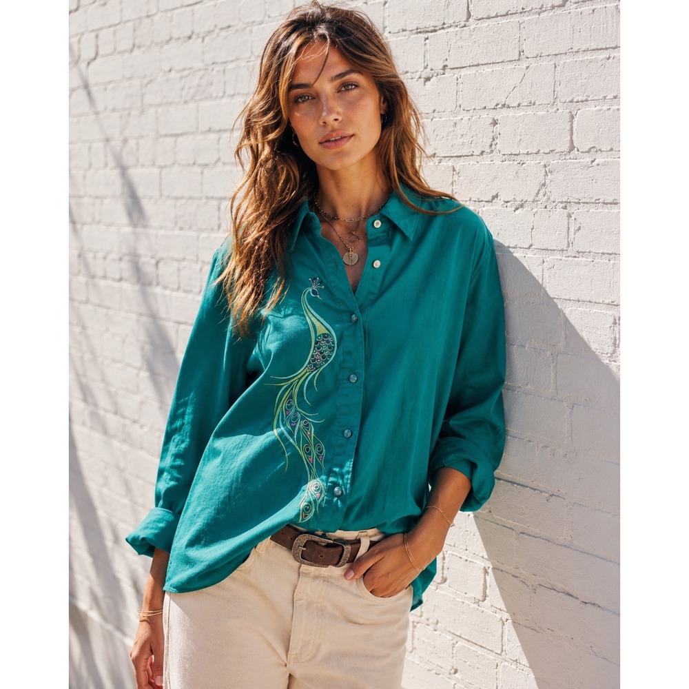 Vintage Bob Mackie Wearable Art‎ Peacock Embroidered Button Up Shirt XL
